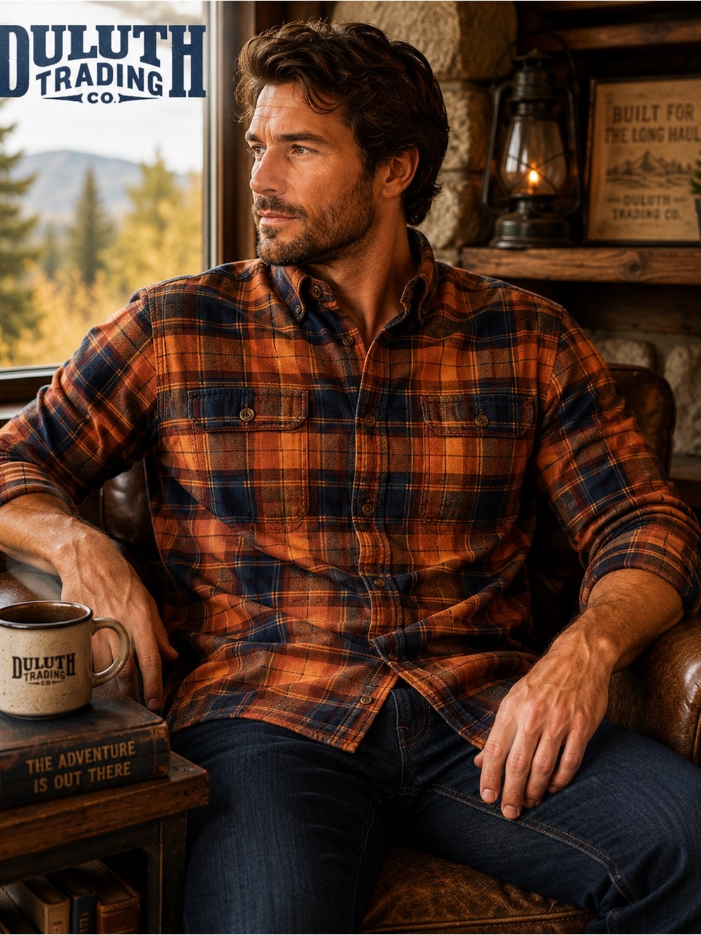Duluth Trading Co Orange and Navy Plaid Button-Down Shirt